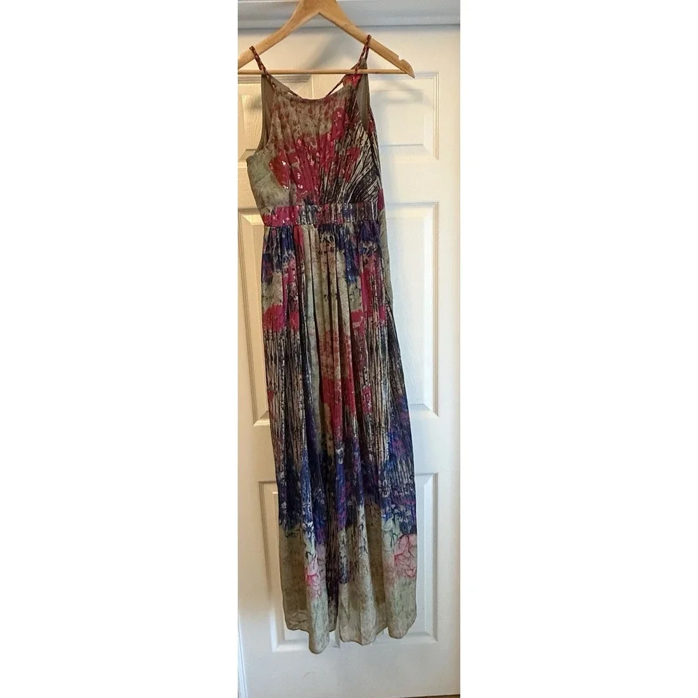 Bhanuni by Jyoti Maxi Dress Women 6 Multicolor Floral Sequin Boho Tassel Pleated